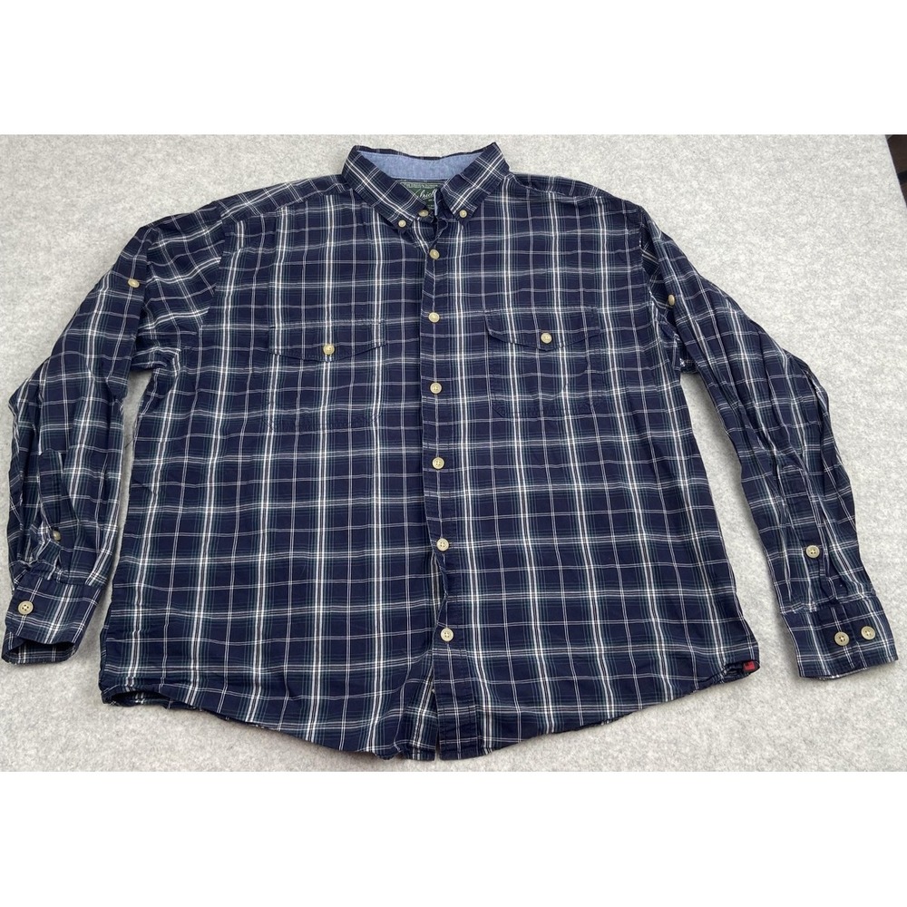 Woolrich Mens XL Blue Navy Windowpane Plaid Button Down Cotton Shirt 6097